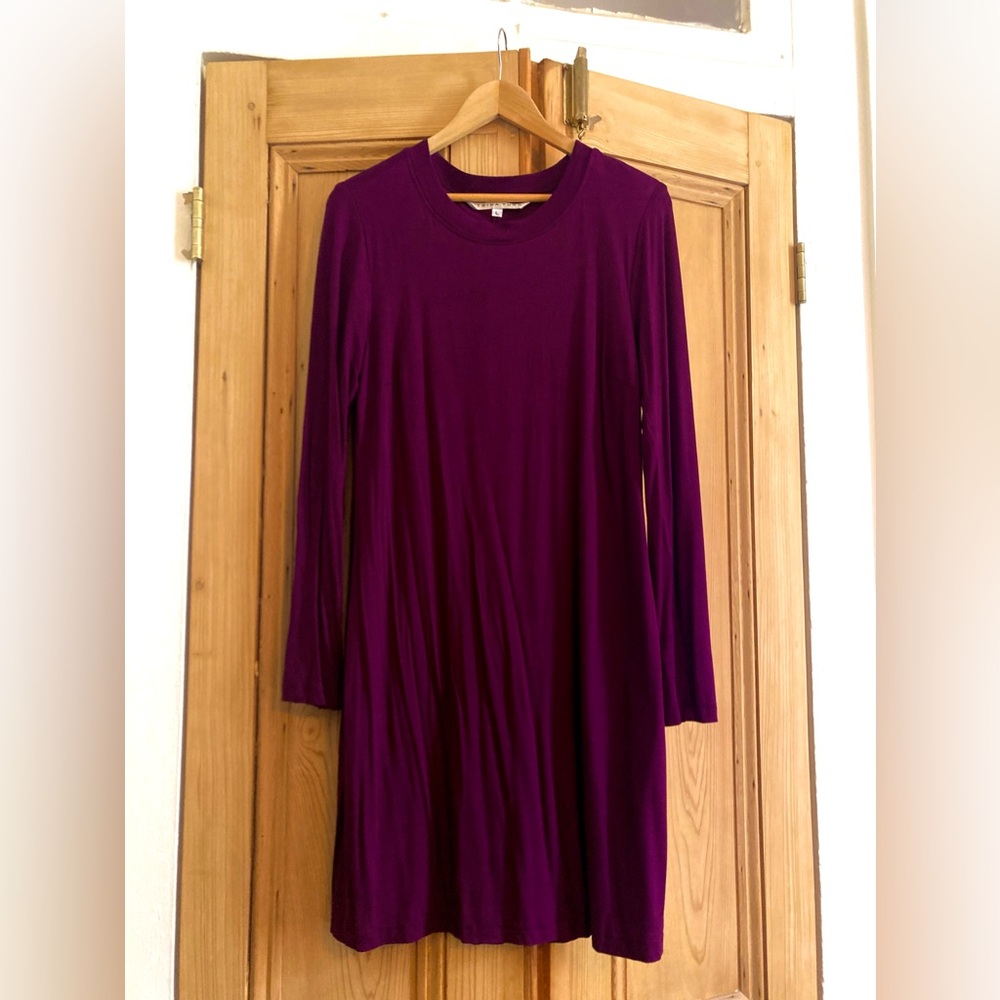 Trina Turk Size L Long Sleeve Crew Neck Purple Dress, Lined, Midi Length
